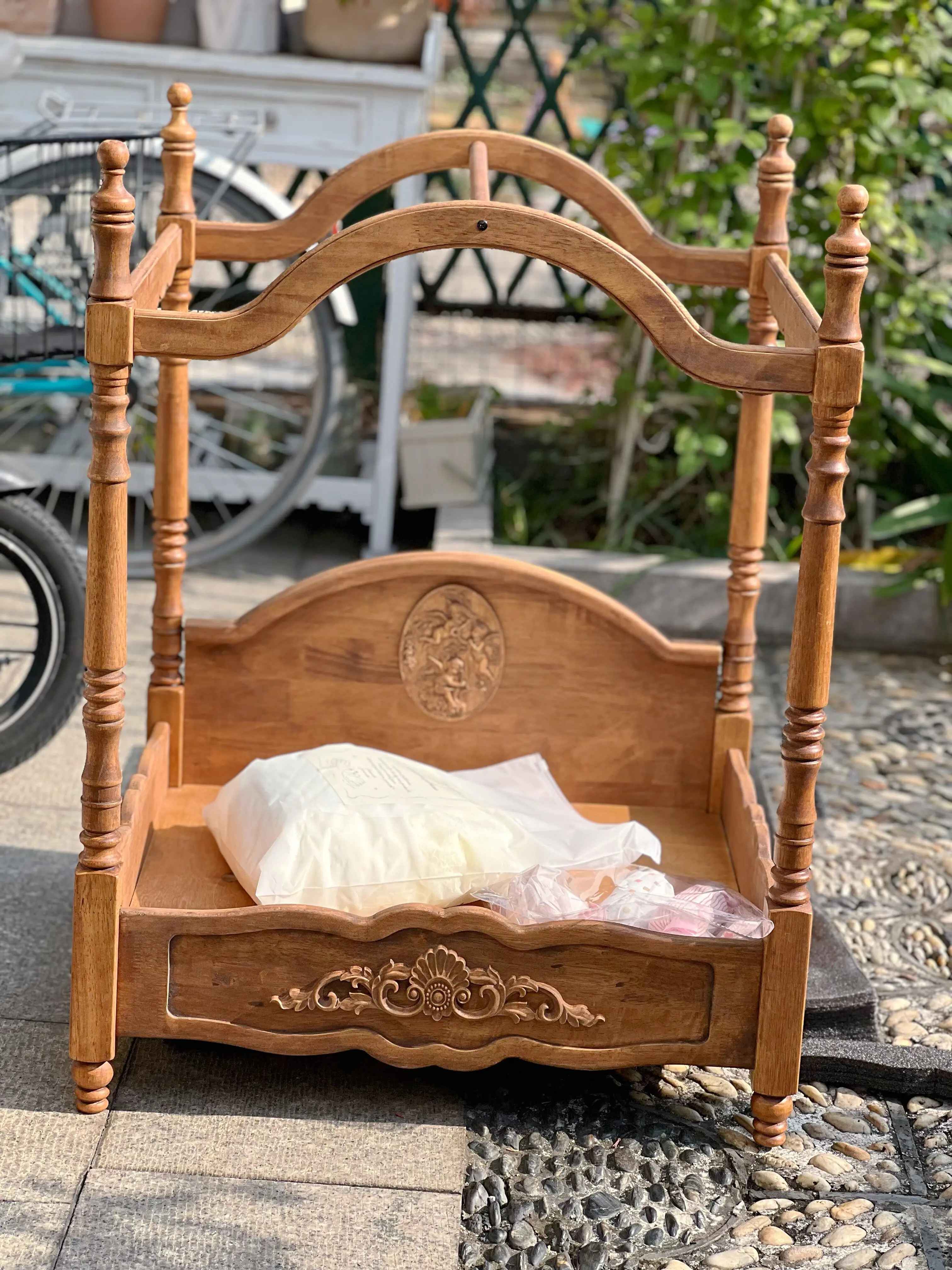 small wooden cat bed with mattress in a customer's home - Canopy Princess Vintage Pet Bed